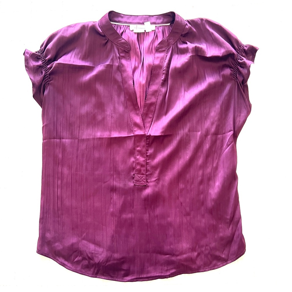 Anthropologie Satin V-Neck Blouse with gathered sleeve and detail on back NWOT